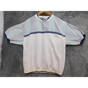 VTG 80s Pierre Cardin Shirt Mens L White Striped Henley Pocket Polyester Cotton